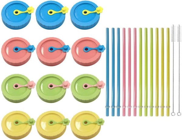 Mason Jar Lids Regular Mouth Canning Lids with Straw Hole, Plastic Straws, Silicone Stoppers, Rings, Cleaning Brush (26