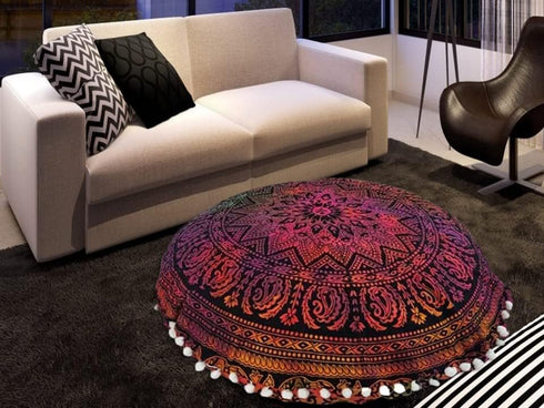 22 Inch Throw Floor Pillow Covers Tie Dye Round Pouf Seating Home Decor Flower Printed Indian Mandala Ottoman Cotton