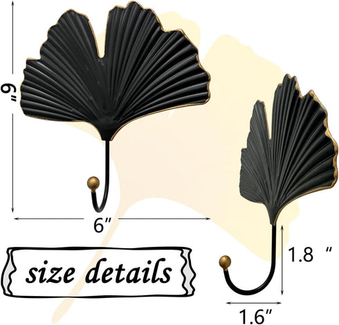 2pcs Modern Iron Single Hooks, Leaf Decoration Style for Wall Mounted Coats, Hats, Handbags, Home Decor (6in Black)