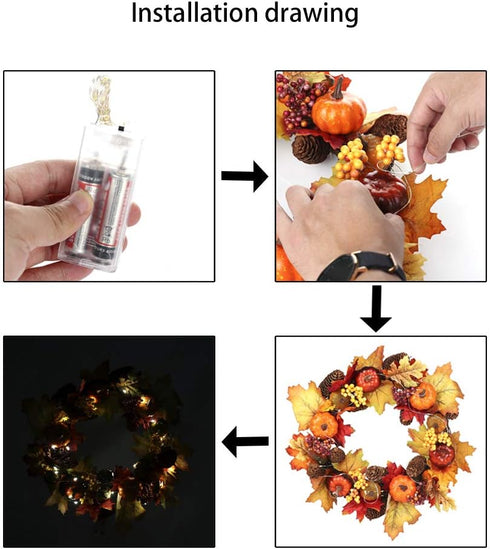 Lighted Fall Harvest Thanksgiving Wreath with Maple Leaf - 12 Inches, Front Door Wall Decor