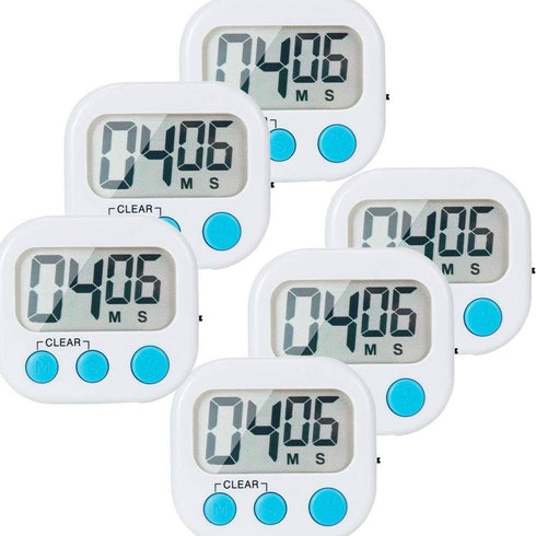 6 Pack Small Digital Kitchen Timer with Magnetic Back and ON/Off Switch - White