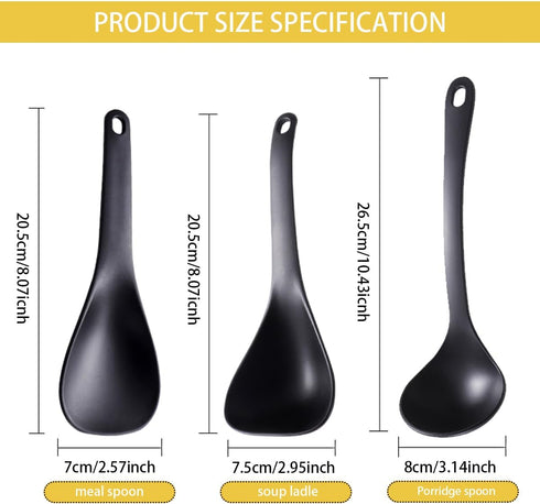 DOERDO 3Pcs Rice Paddle Spoon Soup Spoon Non Stick Rice Scooper Cooking spoon for Rice Soup Potato, Black