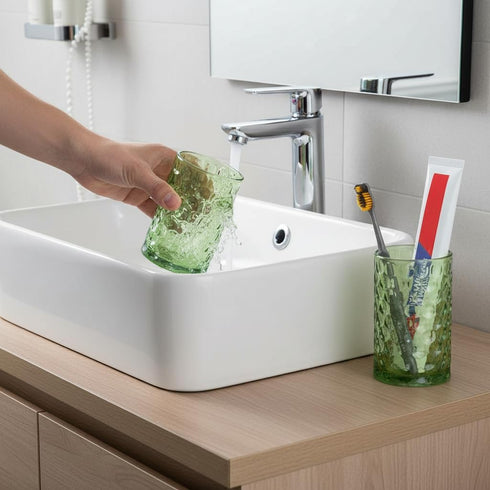 Tonxus Set, 11oz Set, Countertop Bathroom Toothbrush Holder Green Glass Toothbrush Holder and Bathroom Tumbler Cup
