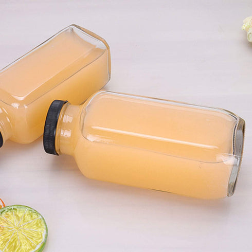 Encheng Beverages Drinking Bottles 12oz, Glass Water Bottle with Lids, Octagonal Vintage Juice Bottles 20Pack