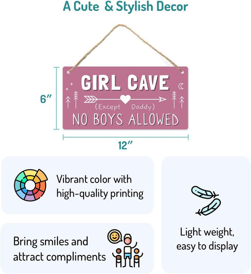 Girl Cave Sign, Teen Girls Room Decor, 12 * 6 Wall Hanging Decoration, Girls Only No Boys Allowed for Bedroom