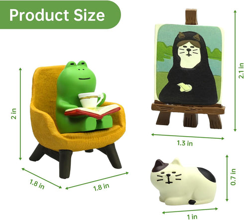 RAQWI Set Cute Frog Reading on Yellow Sofa Figurine with Cat Painting & Kitten Statue, Mini Resin Animal for Office