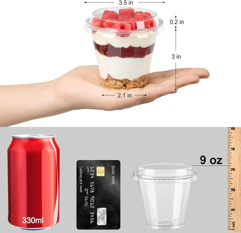 50 Pack 9 oz Plastic Dessert Cups with Lids, Small Plastic Yogurt Parfait Cups, Mini Round Party Serving Cup