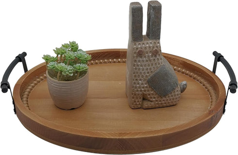Oval Rustic Wooden Decorative Tray, Serving Tray with Metal Handles, Ottoman Coffee Table Tray, Farmhouse Centerpiece