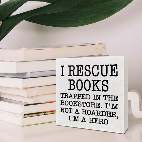 NKBINLILI I Rescue Books Library Bookshelf Wood Box Decor Accessories Sign, Bookish Wooden Box Sign Decor, Book Lovers