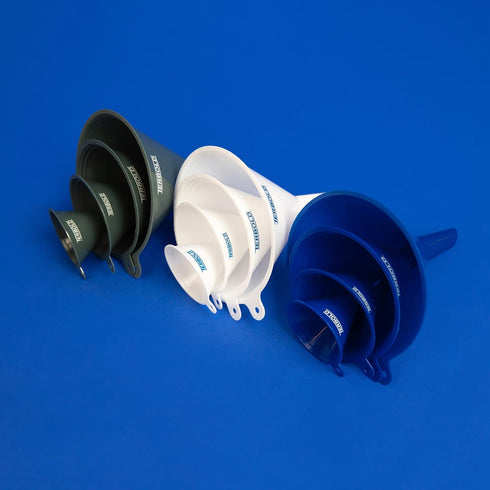 4pc Funnel Nesting Set in BPA Free Plastic for Kitchen Cooking, Home, Car Oil Use (White)