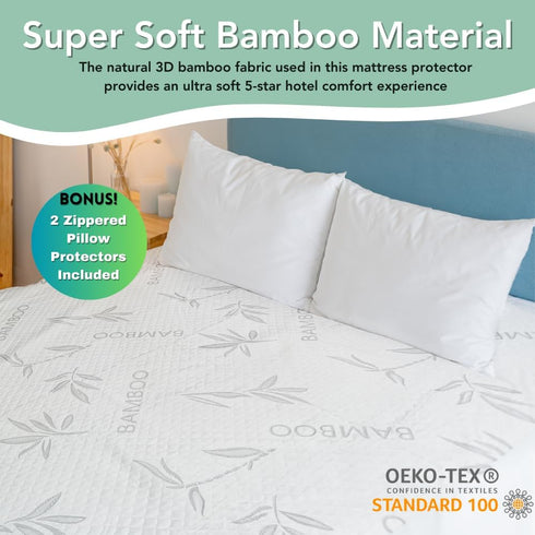 Mattress Protector Bamboo Rayon with Zipper - 100% Waterproof Cooling Cover - Ultra Soft Breathable Noiseless Encasement