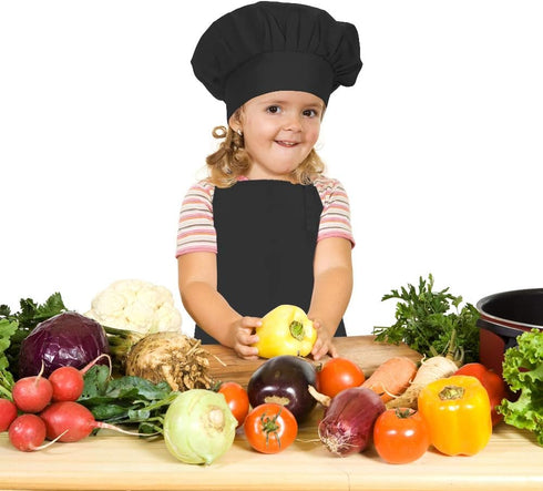 Kids Adjustable Cotton Apron and Chef Hat Set, Large Pocket Black Bibs for Cooking Baking Painting