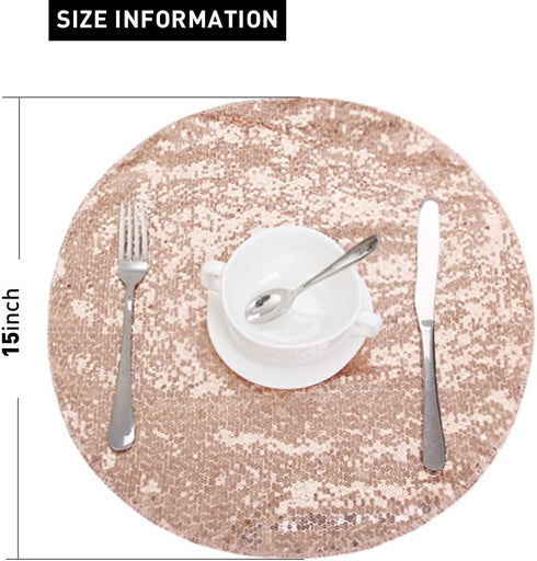 Sequin Placemats Set of 6, Heat-Resistant Stain-Resistant Kitchen Table Mats, Elegant Rose Gold 15" Round for Party