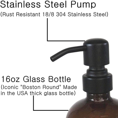 CHBJDAN 2 Pack 16ounce Thick Amber Glass Pint Jar Soap Dispenser with Matte Black Stainless Steel Pump, Boston Round