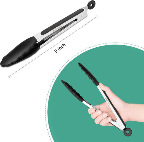 9 Inch Kitchen Tongs, Cooking Tongs with Silicone Tips and Stainless Steel Handle, Non Stick Heat Resistant Tongs for Cooking, Buffet, Salad Serving (9", Black) by DAILY KISN