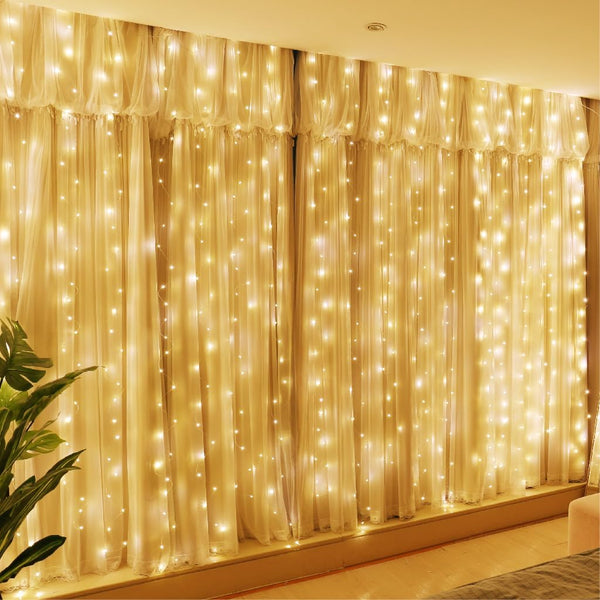 HXWEIYE 300LED Fairy Curtain Lights, 9.8x9.8Ft USB Plug-in 8 Modes Christmas String