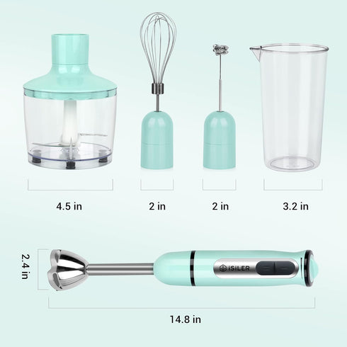 ISILER Immersion Hand Blender, 500-Watt 5-in-1 Stick Blender with 860ml Food Chopper, 600ml Container, Milk Frother,