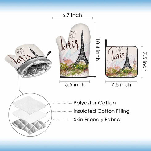 Paris Oven Mitts and Pot Holders Sets Eiffel Tower Pink Romantic City Heat Resistant 3pcs for Cooking Baking BBQ by Samgula