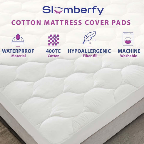 Twin Size Waterproof Mattress Pad by Slumberfy, Quilted Fitted Cotton Protector