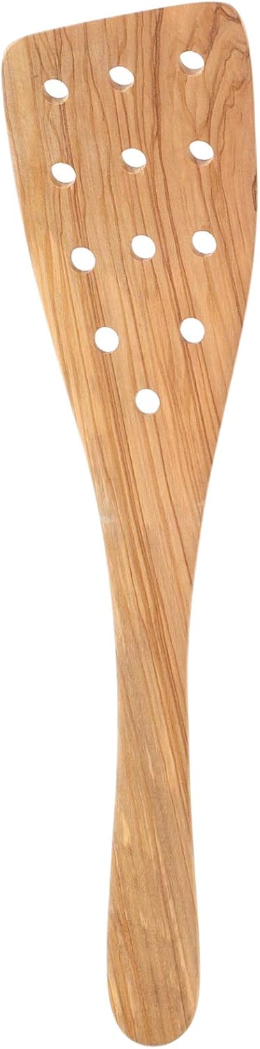Eddington Italian Olive Wood Wide Pierced Spatula, Handcrafted in Europe, 12.5-Inches