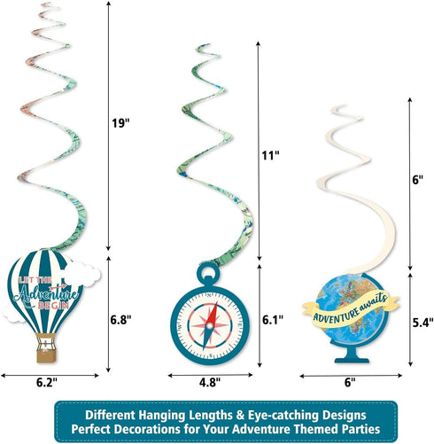 30CT Adventure Awaits Travel Themed Hanging Swirl Decorations - Bon Voyage, Farewell, Retirement Party Supplies