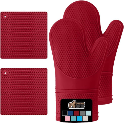 Gorilla Grip Heat and Slip Resistant 4 Piece Silicone Oven Mitt and Trivets Set - Waterproof, Cotton Lined
