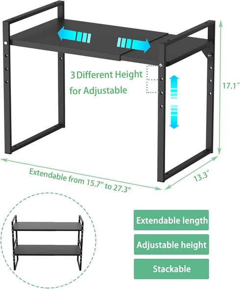 Redrubbit Extendable Microwave Oven Rack, Heavy Duty Steel Metal Shelf, Adjustable Height for Kitchen Counter