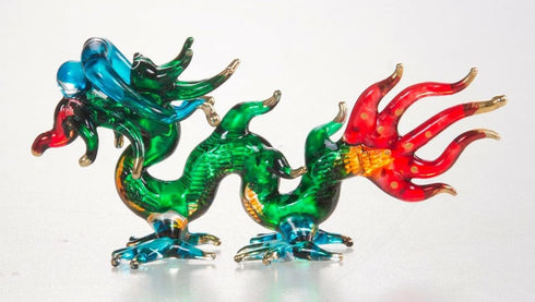 Tiny 3¼" Green Blue Red Chinese Asian Dragon Figurine, Miniature Hand Blown Glass Painted Collectible