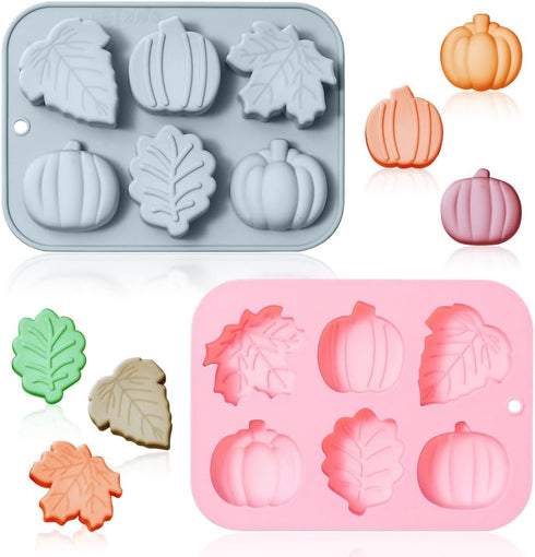 2 Pack Silicone Cake Molds, Harvest Thanksgiving Themed, 6 Cavity 3D Autumn Pumpkin Maple Leaves Mould Tray