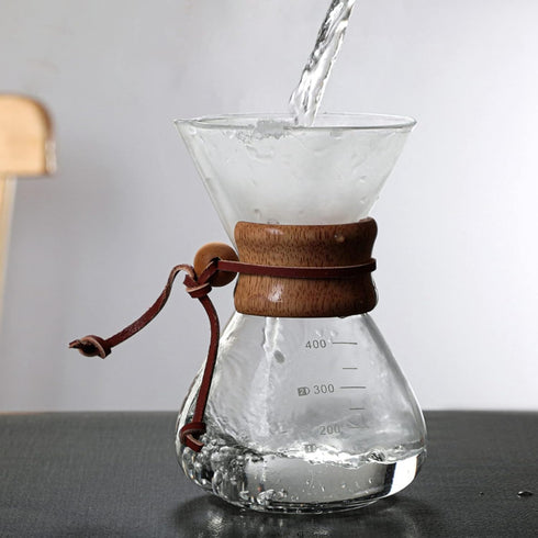 TOPINCN Double Layer Filter V Spout Wooden Sleeve Pour Over Coffee Maker 400ml Capacity, Clear Scale Glass Material