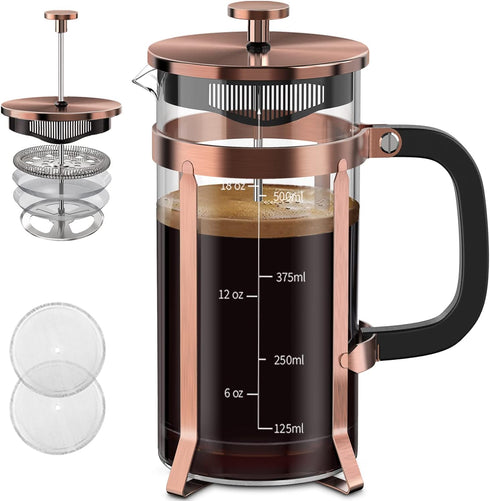 Coffee Maker, 304 Stainless Steel French Press with 4 Filters, Heat Resistant Borosilicate Glass, 21 Ounce, Copper
