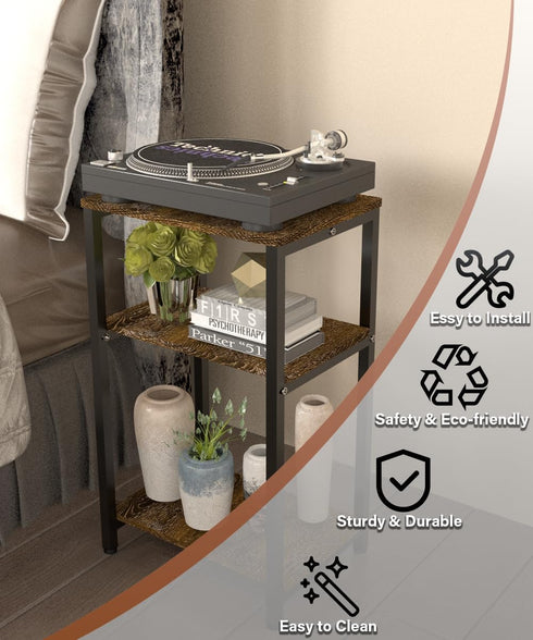 Tigerden 3 Tier Side Table, Heavy Duty End Table with Shelves, Narrow Nightstand for Small Spaces, Record Player Table