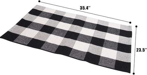 SEEKSEE Cotton Buffalo Plaid Rug, 2'x3' Black and White Checked Washable Doormat
