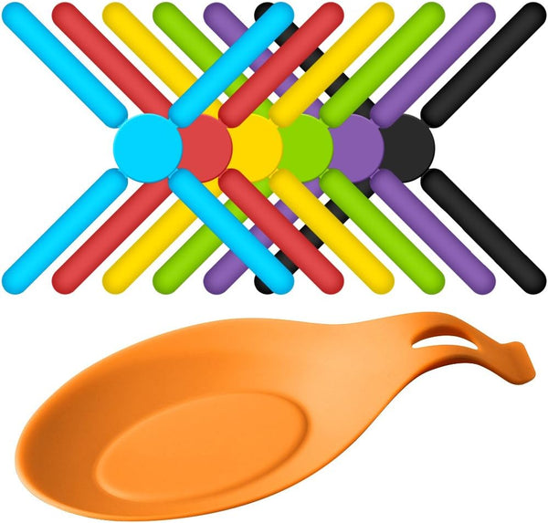 SourceTon 6 Pack Non-Slip Foldable Silicone Trivets in Cute Colors, Pot Holder, Hot Pad, Bonus Spoon Rest/Balloon Whisk