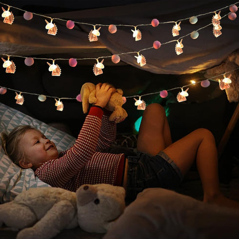 ChiRee 9.85FT 20 20 Room Decor String Lights with Cute PomPoms Pink Unicorn LED Lights Battery Operated with Timer