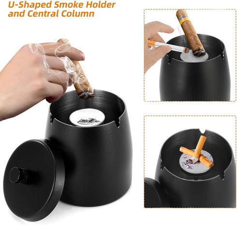 Large Outdoor Cigarette Ashtray with Lid, Smokeless Stainless Steel Ash Trays, Covered Windproof Smell Proof Ashtrays