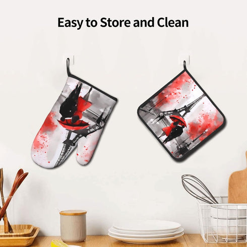 Oven Mitt and Pot Holders 2 Sets, Non-Slip BBQ Gloves with Eiffel Tower Flower Kitchen Design
