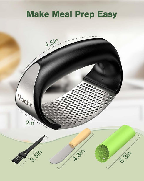 Vantic Garlic Press Rocker - Stainless Steel Garlic Crusher, Mincer & Chopper with Peeler & Scraper