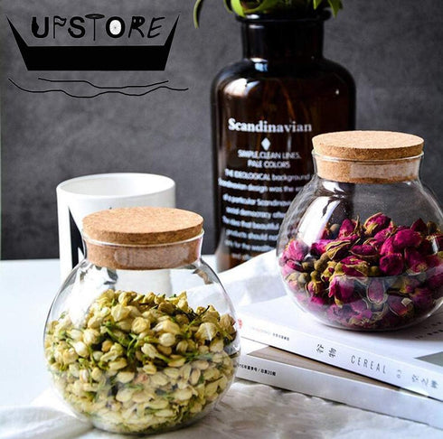 1PCS 500G/17oz Clear Empty Round Large Capacity Sealed Glass Bottles with Wood Cork Stopper for Storage