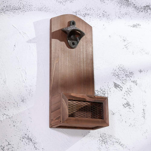Vintage Wooden Wall Mounted Bottle Opener with Cap Collector Catcher, Ideal Gift for Beer Lovers