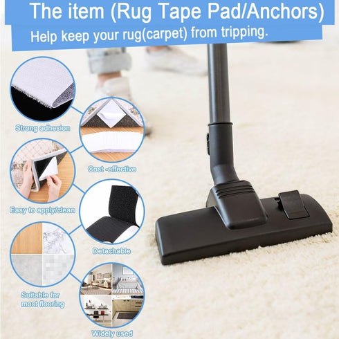 Rug Tape Pad - Carpet Hook and Loop Non-Slip Mat Anti-Skid Stickers (10PCS, Black)
