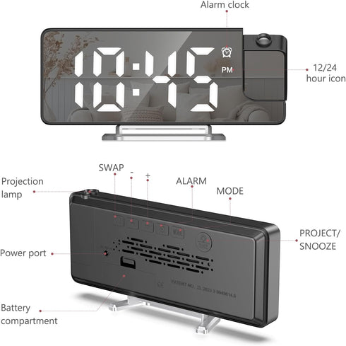 Projection Alarm Clock for Bedroom, Digital Clock with 180° Rotatable Projector, Large Display LED Alarm Clock