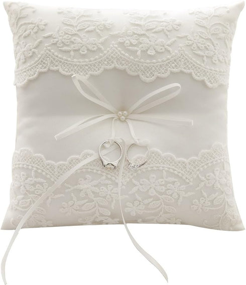 Awtlife Lace Pearl Wedding Ring Pillow Cushion, 8.26 Inch for Beach Wedding