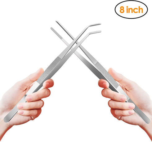 Gutsdoor Kitchen Tweezers Set of 2 Stainless Steel Tongs with Precision Serrated Tips for Cooking (8 Inch)