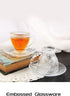 7 Oz Set 6 cosnou Vintage Glass Tea Cups with Saucers, Glass Mugs of Espresso Coffee Embossed Glassware with Handle