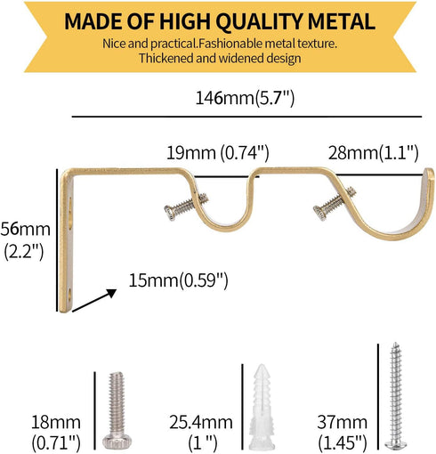 Ycolnaefllr Set of 3 Golden Double Rod Holders, Heavy Duty Double Curtain Rod Brackets for 1 and 0.7-Inch Rod