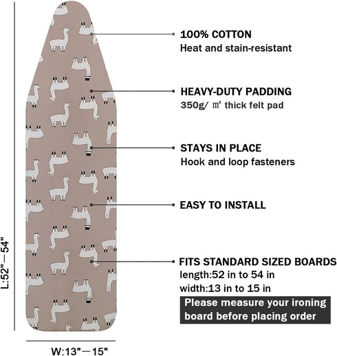 Ironing Board Cover and Pad Standard Size 15" x 54", Cotton Cover with Scorch Resistant Thick Padding (Alpaca)