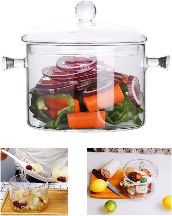 Glass Cooking Pot - 1.5L/50oz Heat-Resistant Borosilicate Glass Handmade Cookware Set for Pasta, Soup, Milk