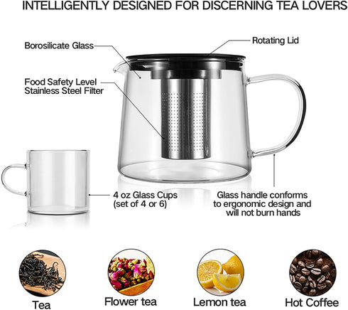 Glass Teapot 34oz/1000ml with 4 Pack Tea Cups Gift Set, Removable Stainless Steel Infuser, Heatproof Borosilicate Glass