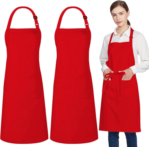 2 Pack 100% Cotton Adjustable Bib Aprons with 2 Pockets for Cooking, Chef Kitchen Apron for Women Men, Red